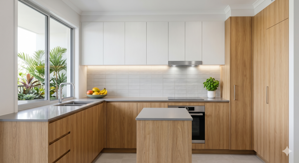 Cocina de melamina moderna diseñada por Muebles Cumani en Santo Domingo